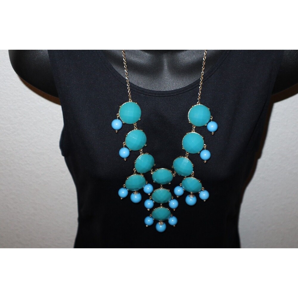 2 Tone Statement Bib Necklace Green Blue Acrylic Bubble Gold Tone Chunky 25"+